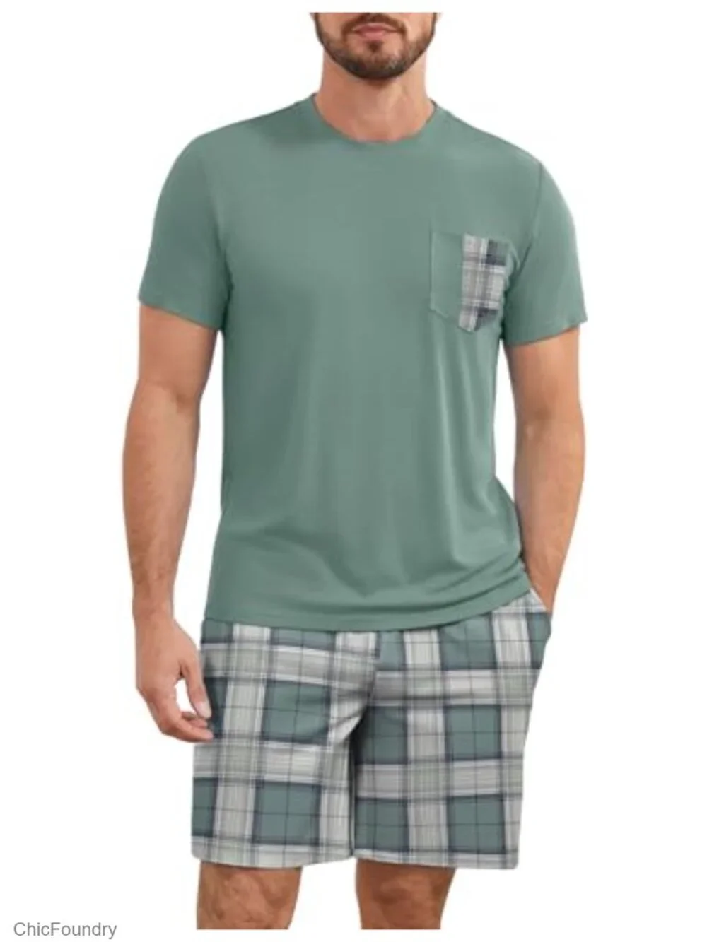 Cotton Blend Plaid Short Sleeve Pajama Set with Shorts 2 Piece Lounge Set
